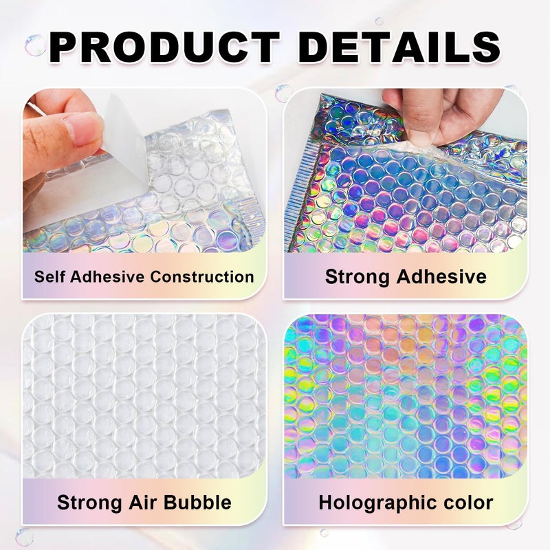 MOUCHOT Bubble Mailers, 50 Pack Holographic Bubble Mailers with 3 Sizes, Waterproof Self Seal Adhesive Foil Glitter Glamour Shipping Bags for Mailing, Packing, Small Business, Jewelry Makeup Supplies - Image 3